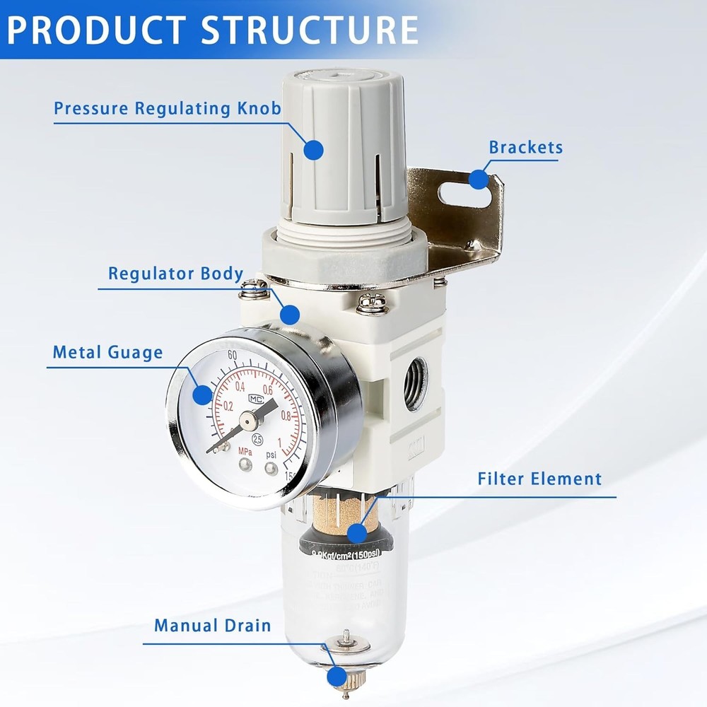 WeiTeng 1/4" NPT Compressed Air Filter Regulator Combo, 5 Micron Brass Filter