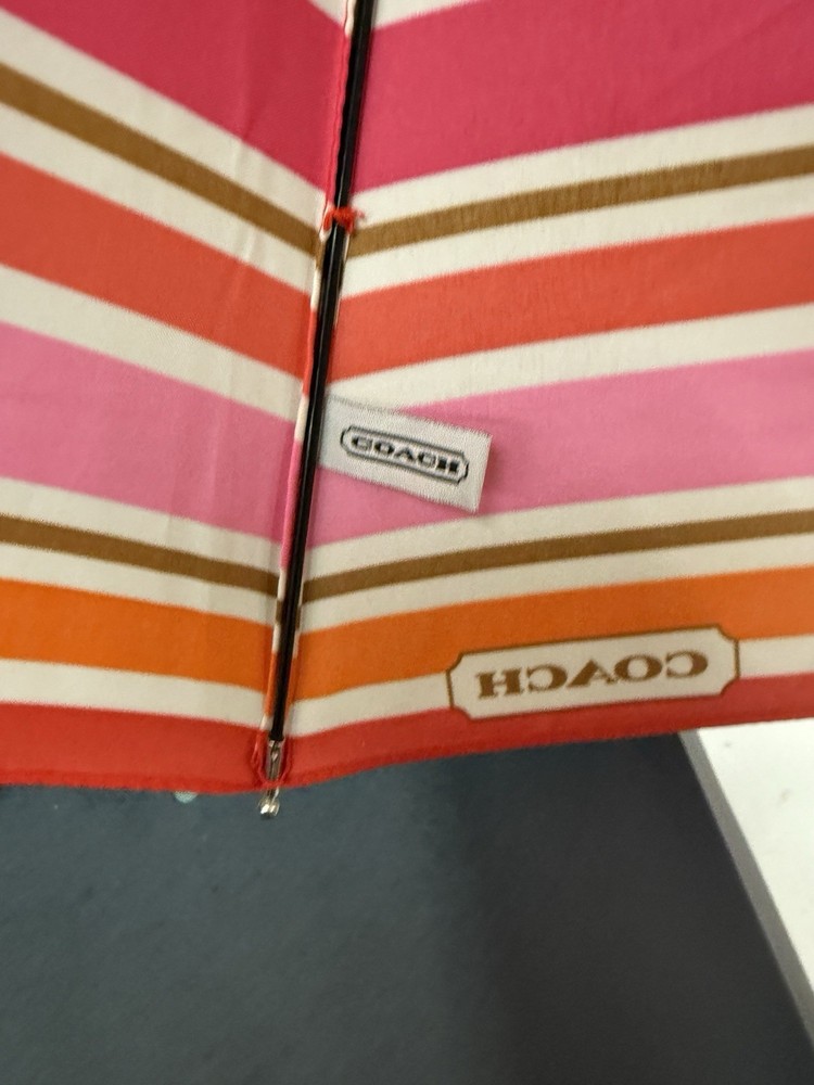 COACH Pink Multicolor Stripe PEYTON Automatic Retractable Umbrella