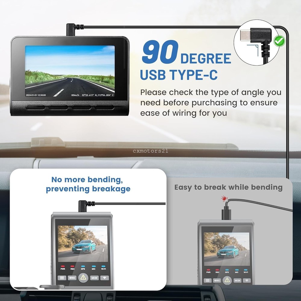 Dash Cam Charging Power Cable w/ USB Type C 13FT 90 Degree Angle for Dashboard