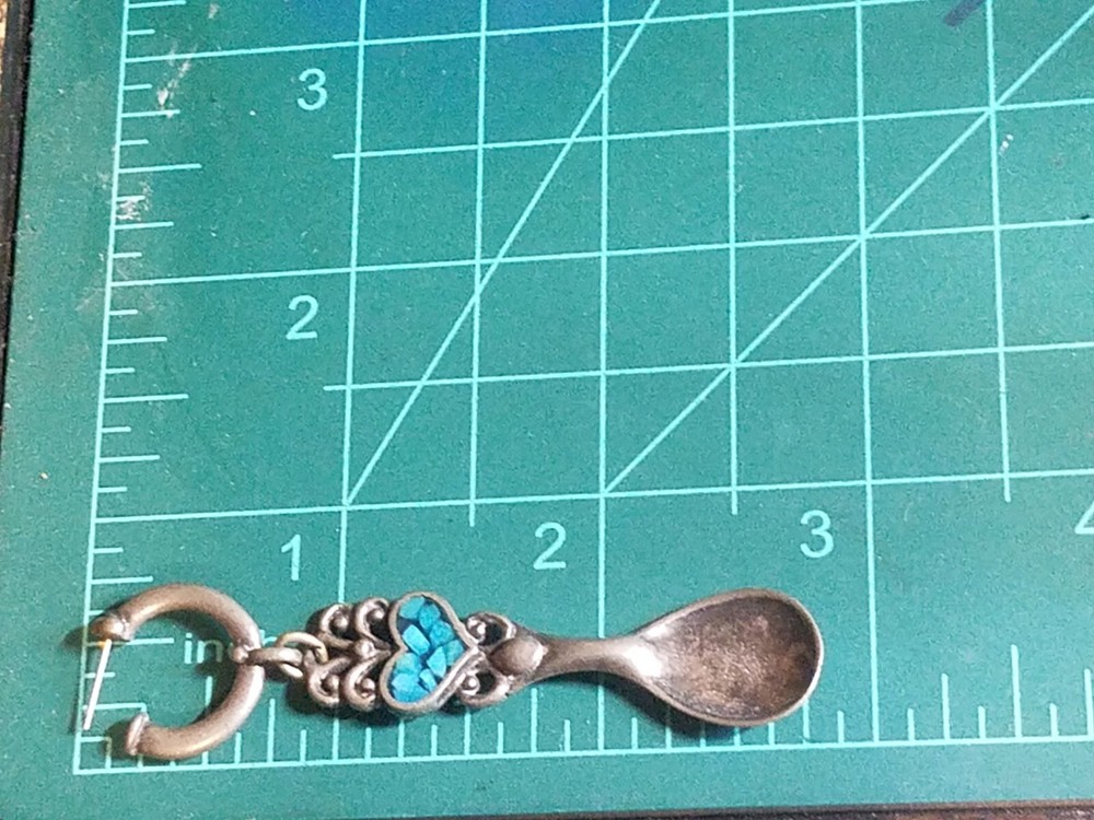 Vintage EJC Silver Tone Sppon & Fork Dangle Earrings Crushed Turquoise Heart