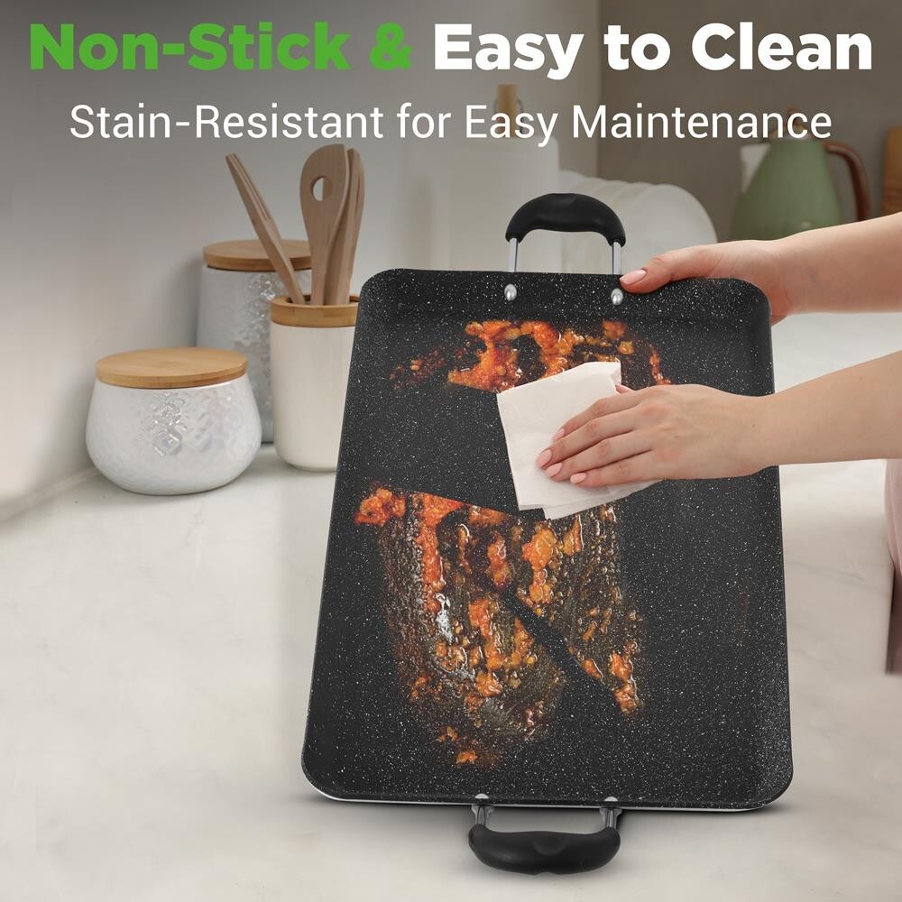 NutriChef Non-Stick Double Burner Griddle, Dishwasher Safe Bakelite Handle-Black