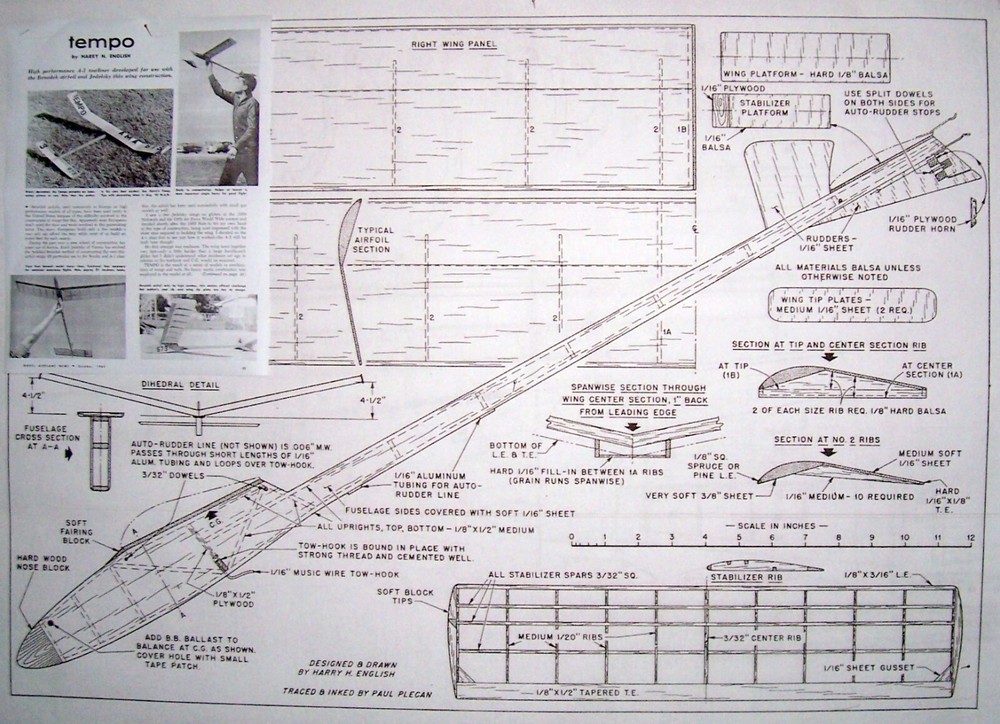 TEMPO PLAN + CONSTRUCTION ARTICLE For a 42" TOW-LINE GLIDER MODEL AIRPLANE