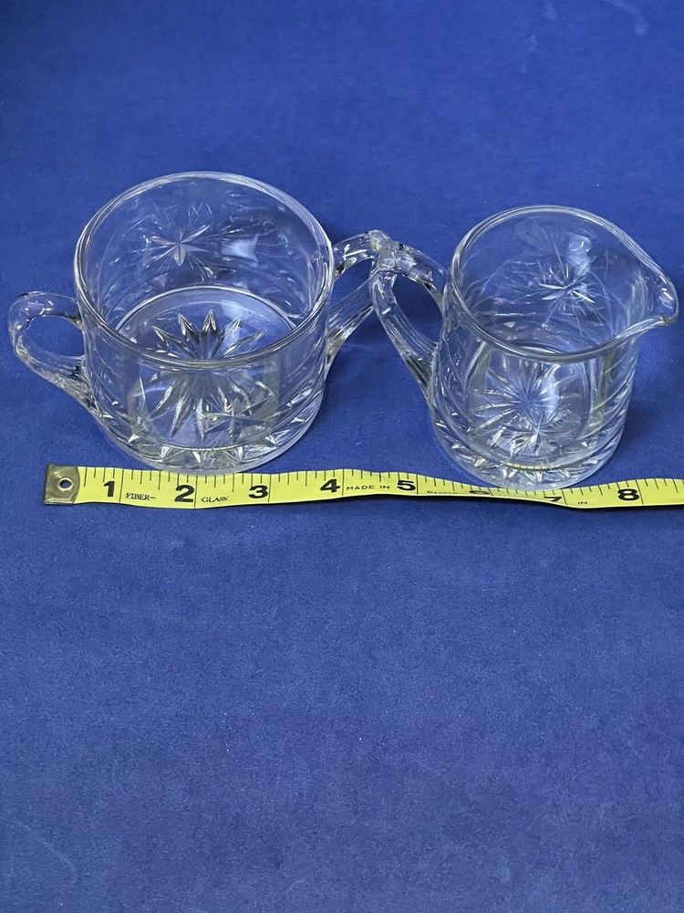 VTG Clear Etched Glass-Atomic Starburst Pattern Open Creamer & Sugar Set