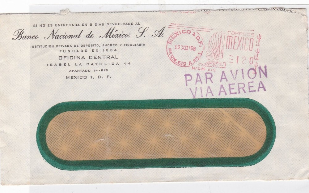 mexico 1958 meter mail stamps cover  ref 10116