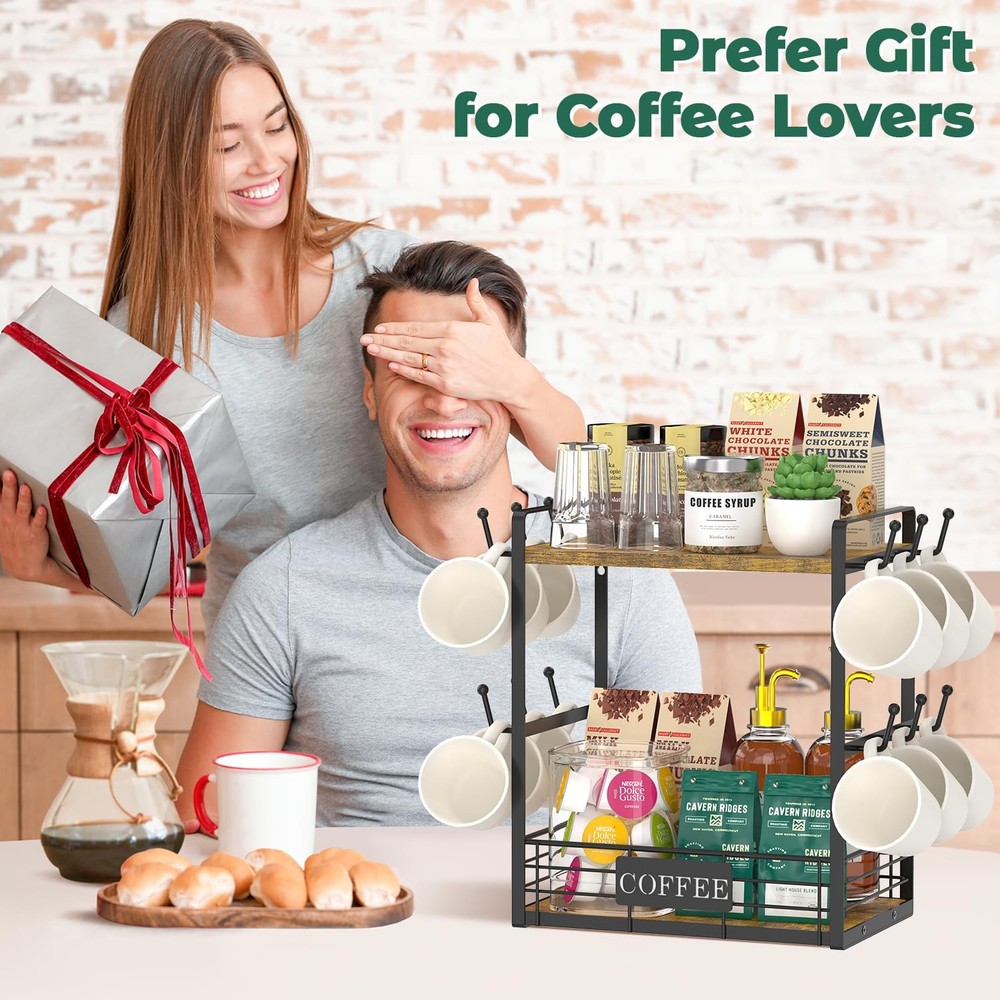 Coffee Mug Cup Holder Tree Bar Station Organizer, 2 Tier Mug Stand Rack for C...