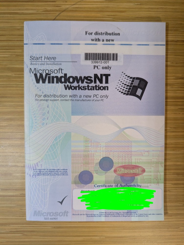 KSE Windows NT Workstation Operating System & Certificate Of Authenticity