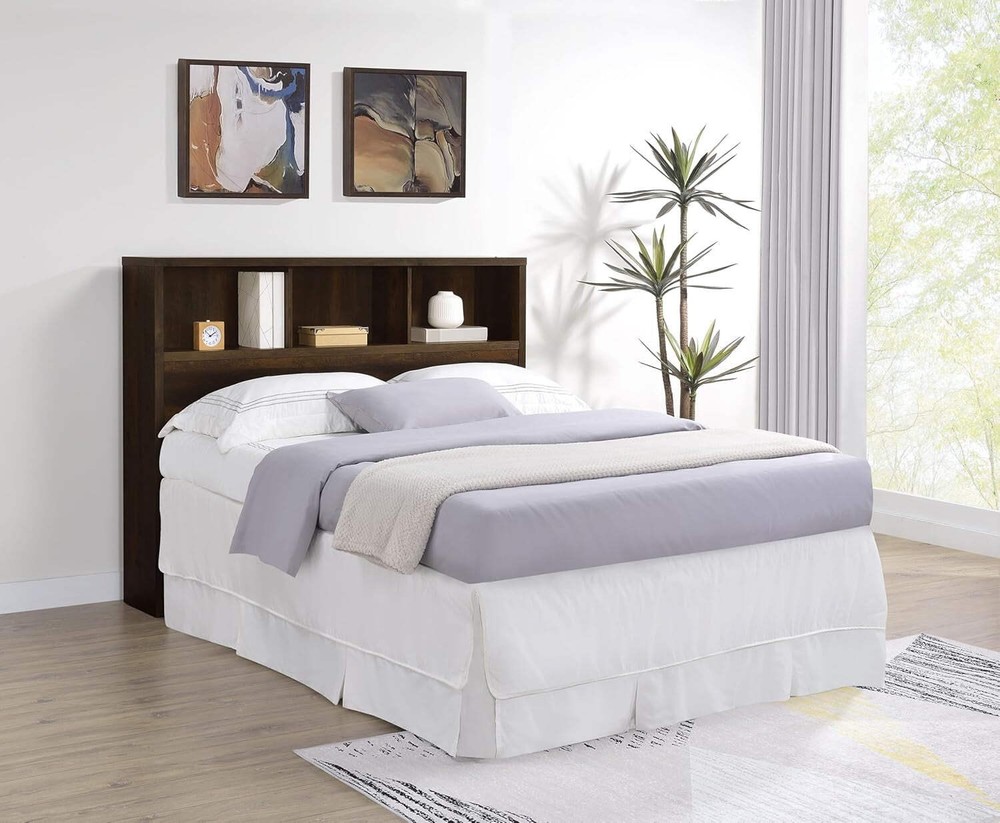 Queen Bookcase Headboard with Dark Pine Finish