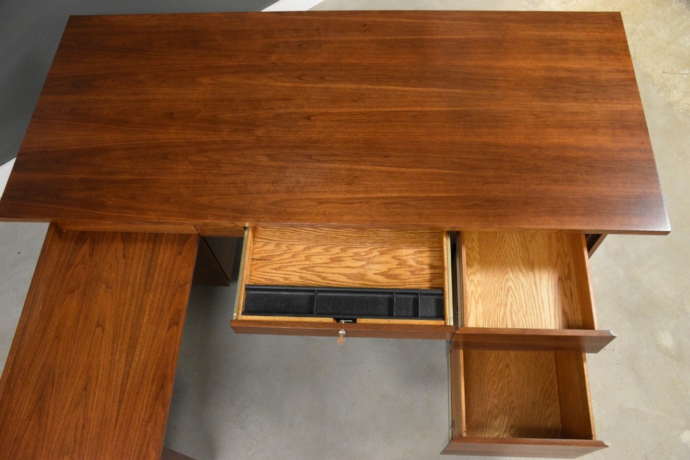 Refinished L Shaped Walnut Mid Century Desk