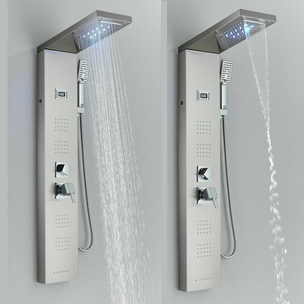 LED Shower Panel Tower System Water&Rainfall Massage Jet System Brushed Nickel