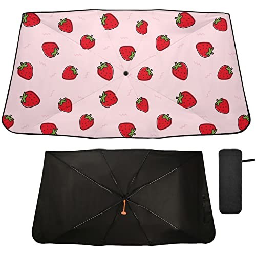 Cute Strawberry Pink Windshield Sun Shade Umbrella Foldable Car Front multi 3