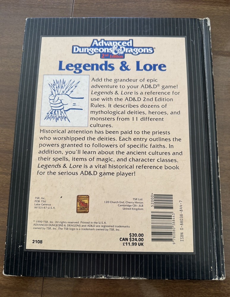 Advanced Dungeons & Dragons AD&D 2nd Edition Legends & Lore TSR 2108 1990