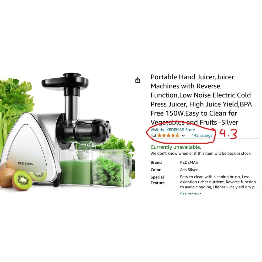 Portable Hand Juicer, Juicer Machines with Reverse Function, Cold press, Silver