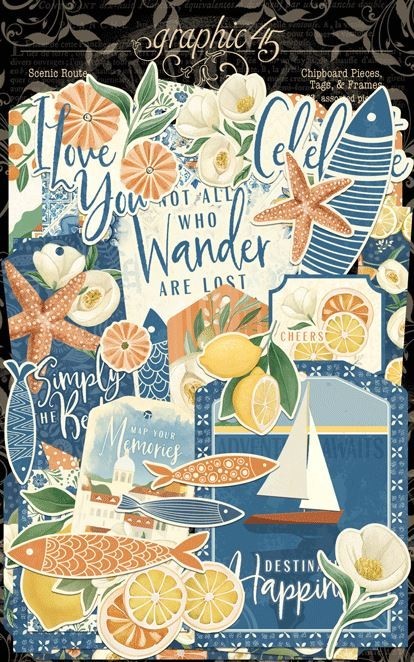 Graphic 45 SCENIC ROUTE 33pc Tags & Frames Chipboard Pieces Scrapbook