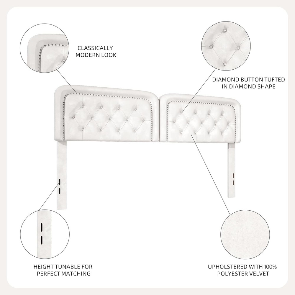 Tufted King Size Upholstered Headboard Button Adjustable Height Solid Wood Beige