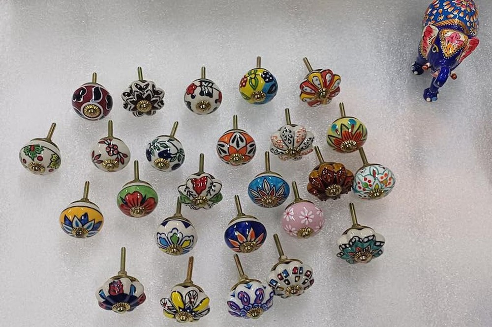 Cabinet Knobs and Pulls - Indian Vintage Pottery Ceramic Kitchen Cupboard Dra...