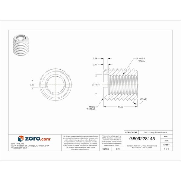Standard Wall Self Locking Thread Insert, M10-1.50 Int Thrd Sz, Steel, Ez-450-10