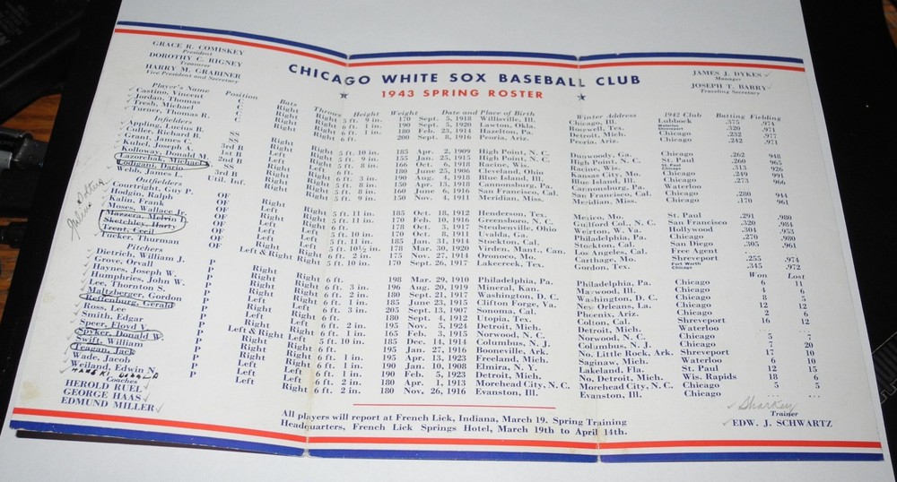 1943 Baseball Chicago White Sox Spring Training Media Guide Book Roster Program