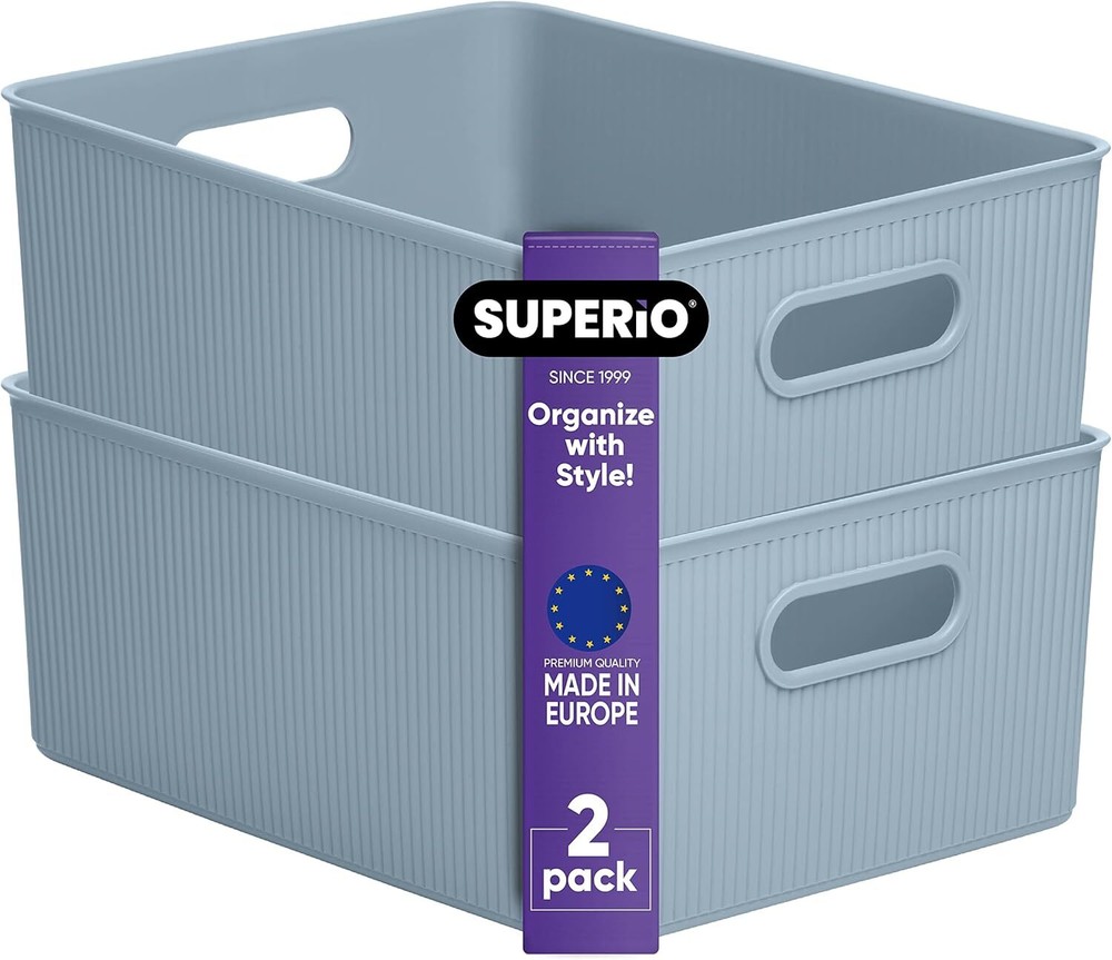 Superio 15L Medium Ribbed Storage Bin- Plastic Storage Bin  (2 Pack, Stone Blue)