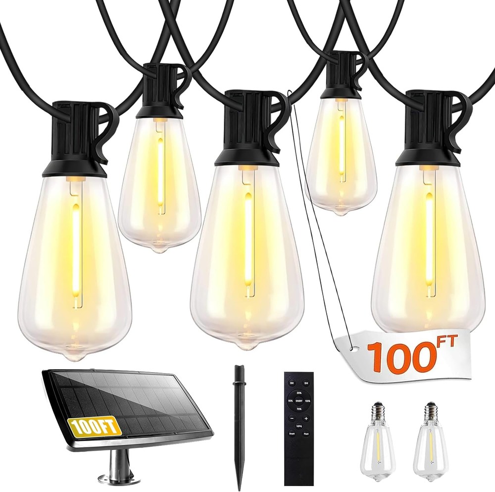 Solar String Lights 100FT Outdoor Edison Bulbs Remote Dimmable