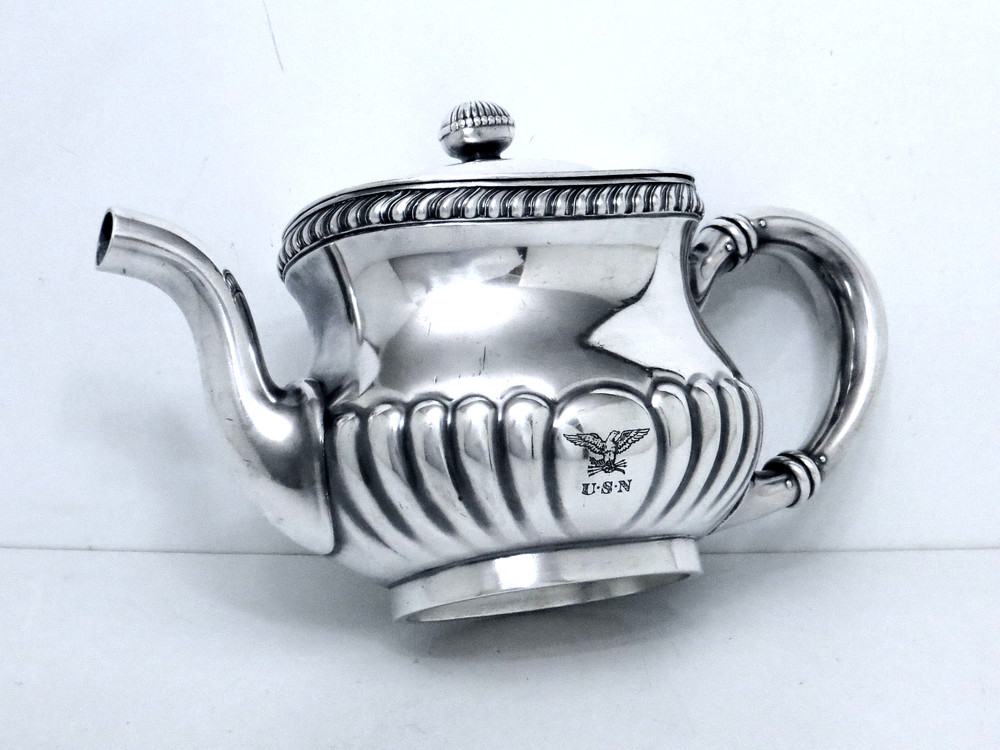 GORHAM SILVER SOLDERED WWI–INTERWAR USN OFFICERS’ TEAPOT HORIZONTAL EAGLE CREST