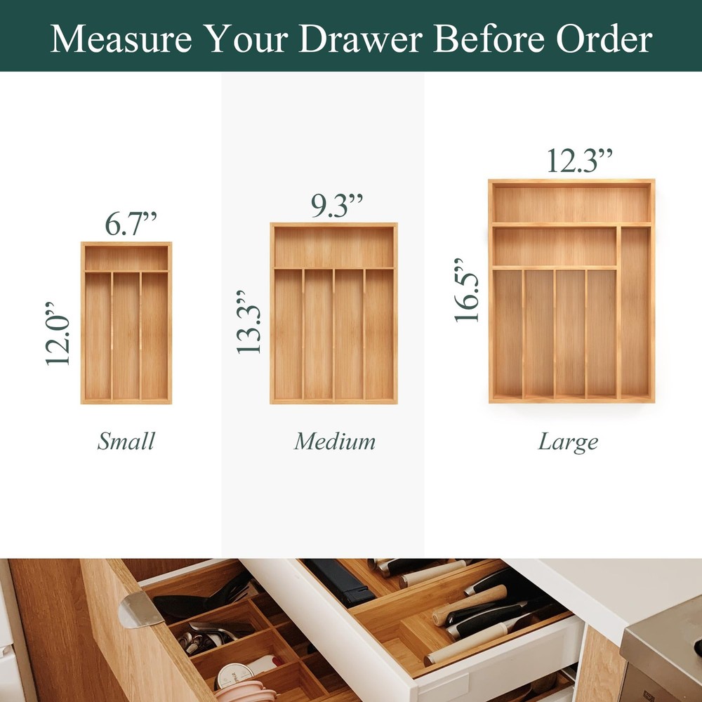 Small Silverware Organizer, Bamboo Kitchen 6.7x12 Inch, Natural