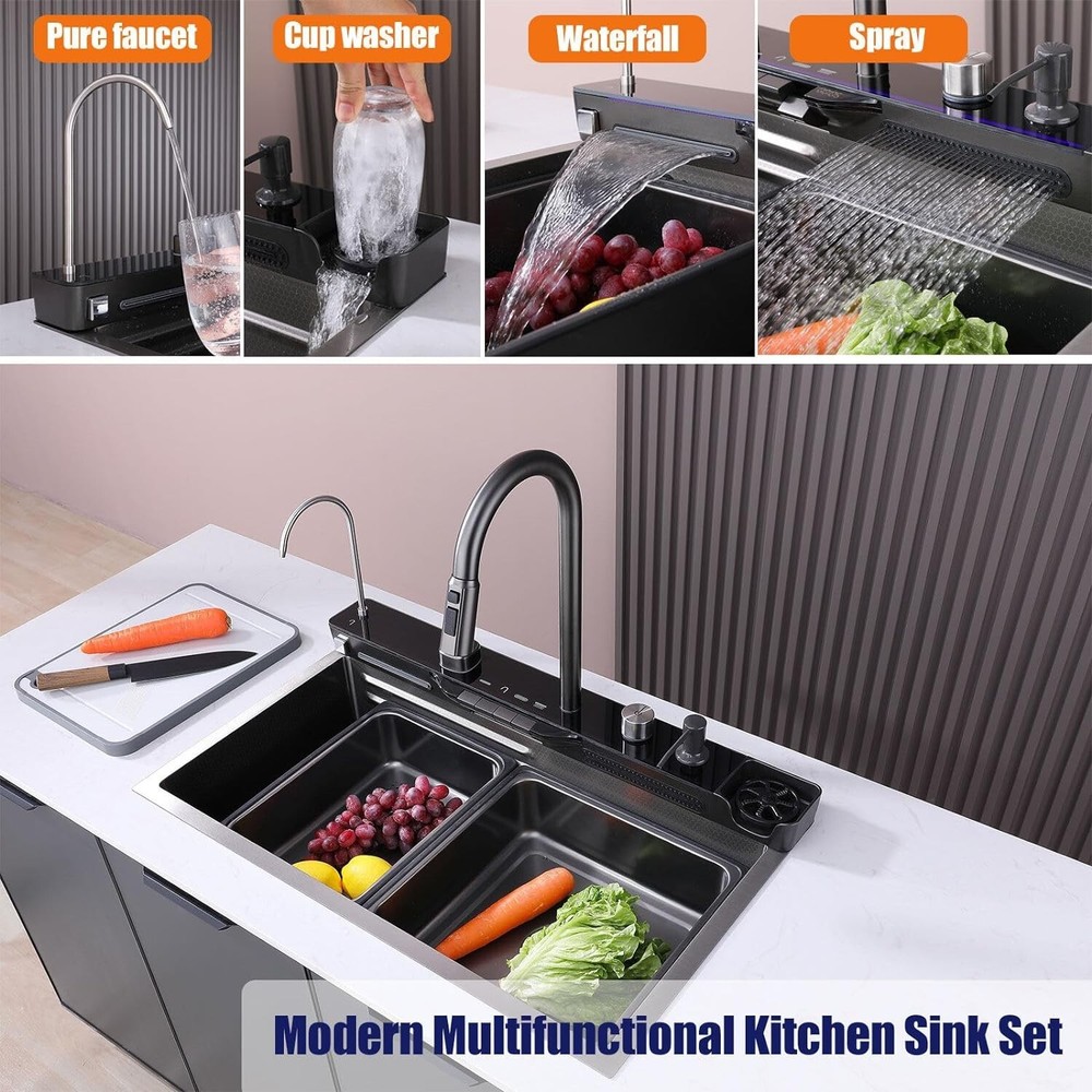 Digital Waterfall Household Sink Integrated with Pull-Out Tap Set 29.5 INCH