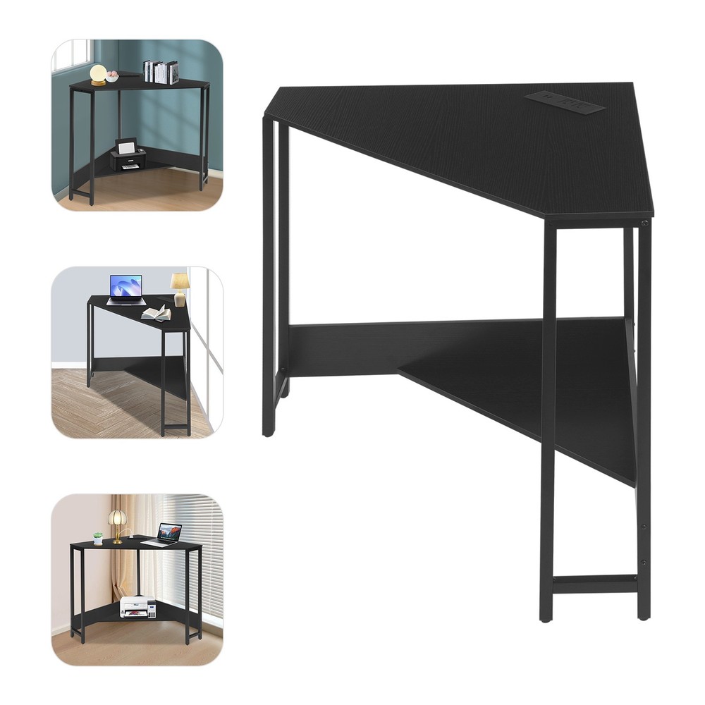 Triangular Corner Desk, Small Desk with Outlets, Free Standing Corner Table