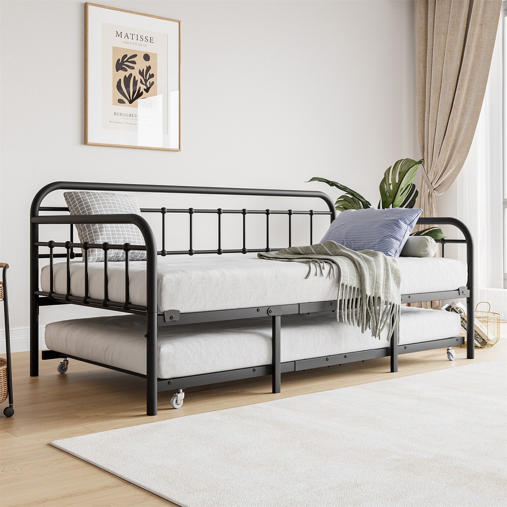 Twin Size Metal Daybed Bed Frame Sofa Bed w/ Pull Out Trundle Bed Black