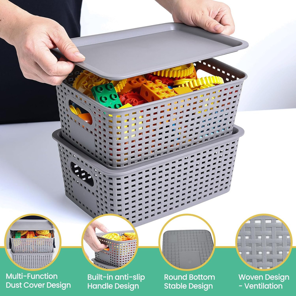Plastic Storage Baskets with Lid-Plastic Storage Containers Stackable Storage Bi
