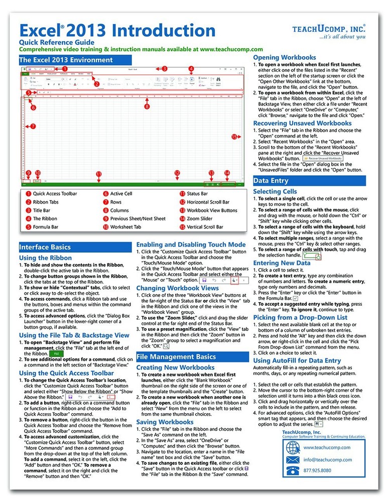 Excel 2013 Training Guide Quick Reference Card 4 Page Cheat Sheet Instructions