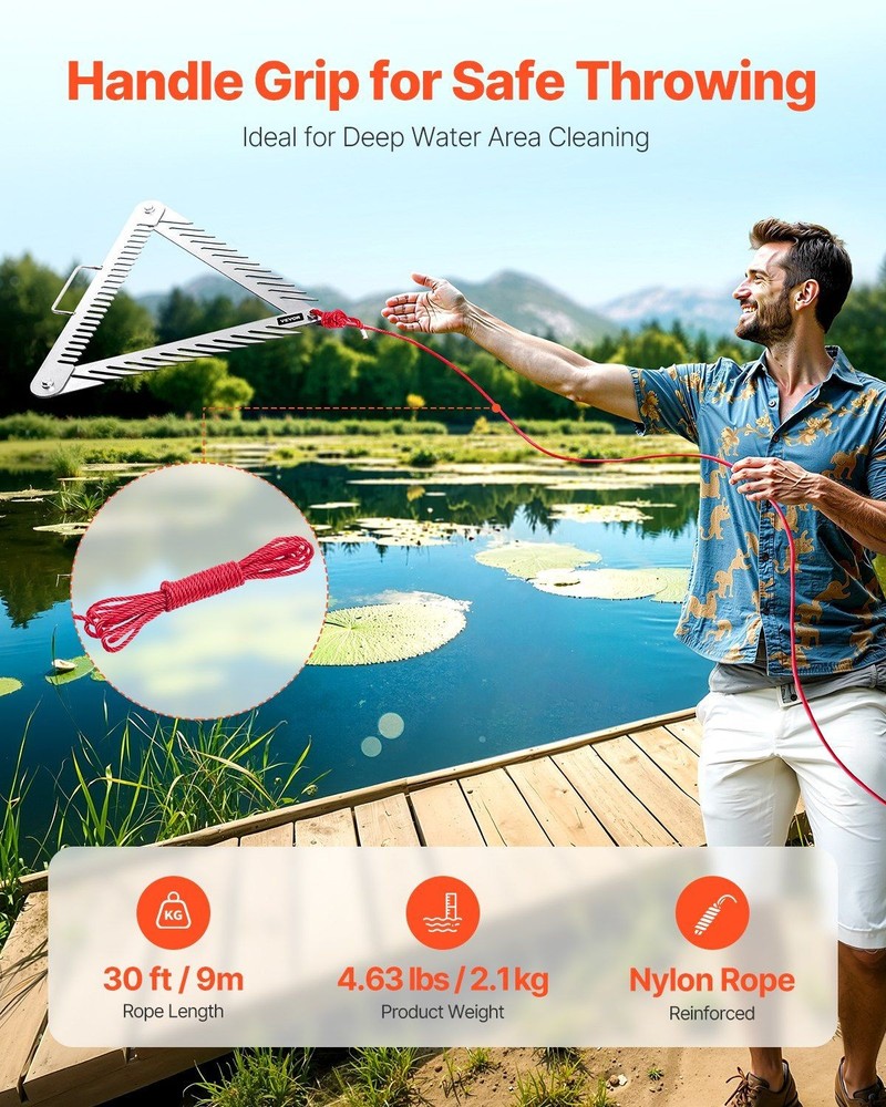 24in Floating Pond Rake, Triangular 3-Sided SS Weed Cutter, 30ft Rope, Portable