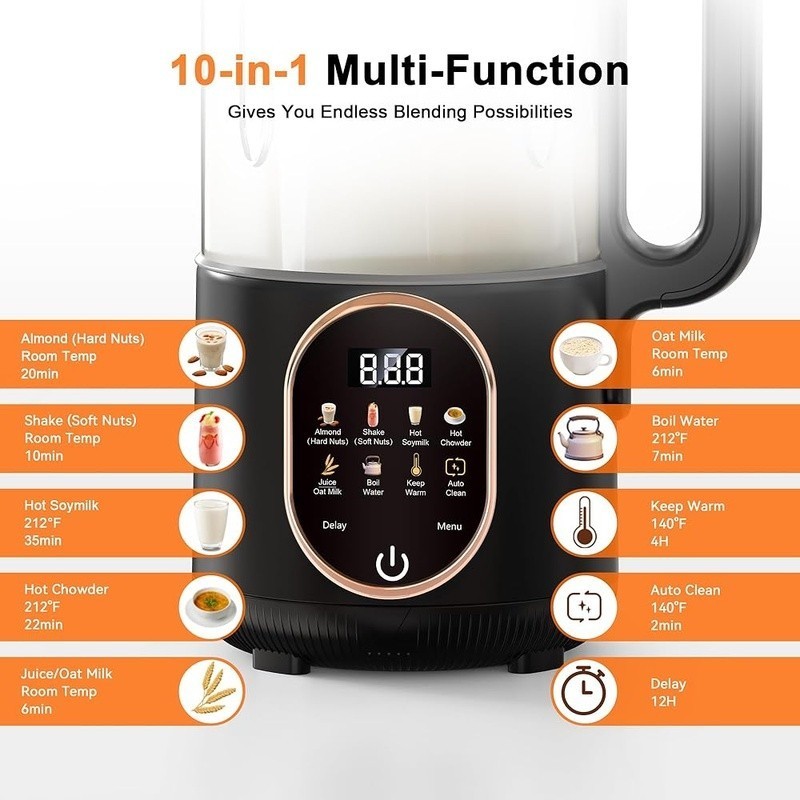 10-in-1 Nut Milk Maker Soy Milk Machine Automatic Blender W/ Cleaning Function