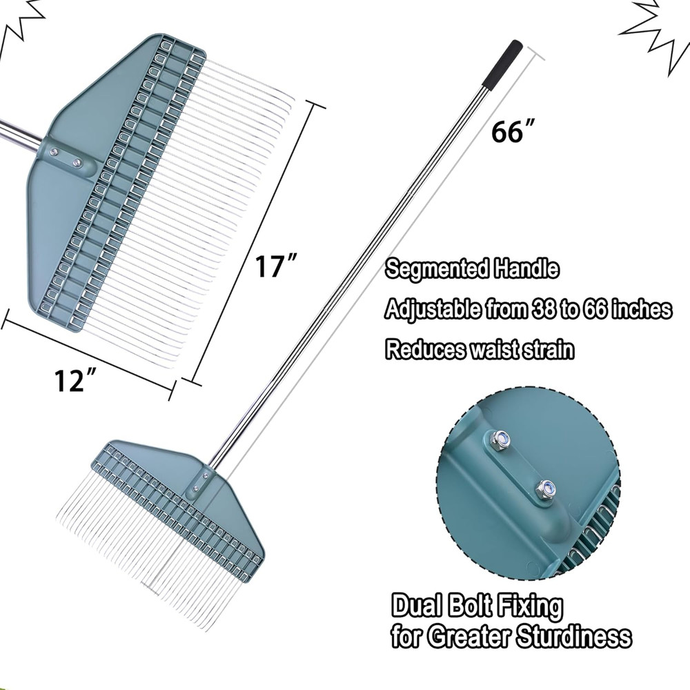 Thatch Rake with 66 Inch Adjustable Handle, 17 Inch Wide Durable Dethatcher Rake