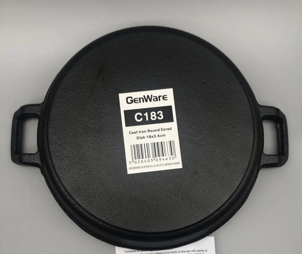 Genware C183 Mini Cast Iron Round Eared Dish Double handle 18cm x 3.4cm black