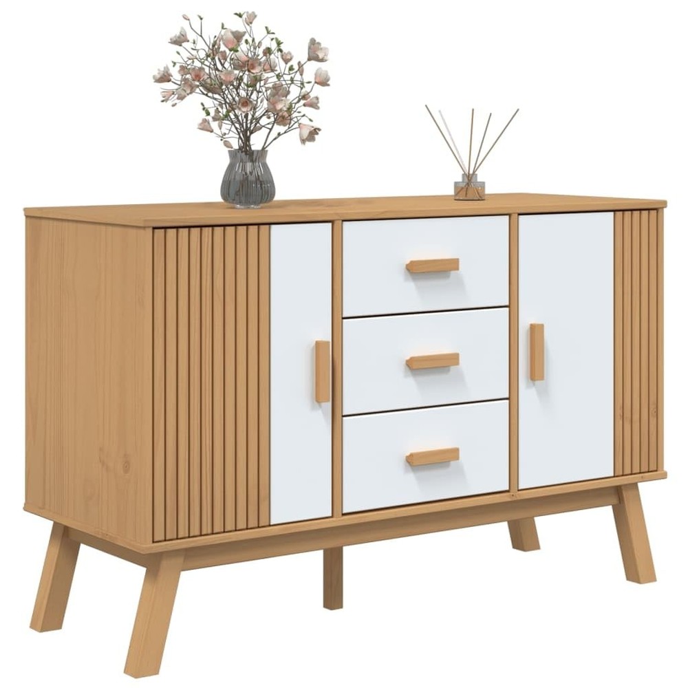 Sideboard White Brown Solid Pine Wood Kitchen Storage Cabinet for Dining Rooms