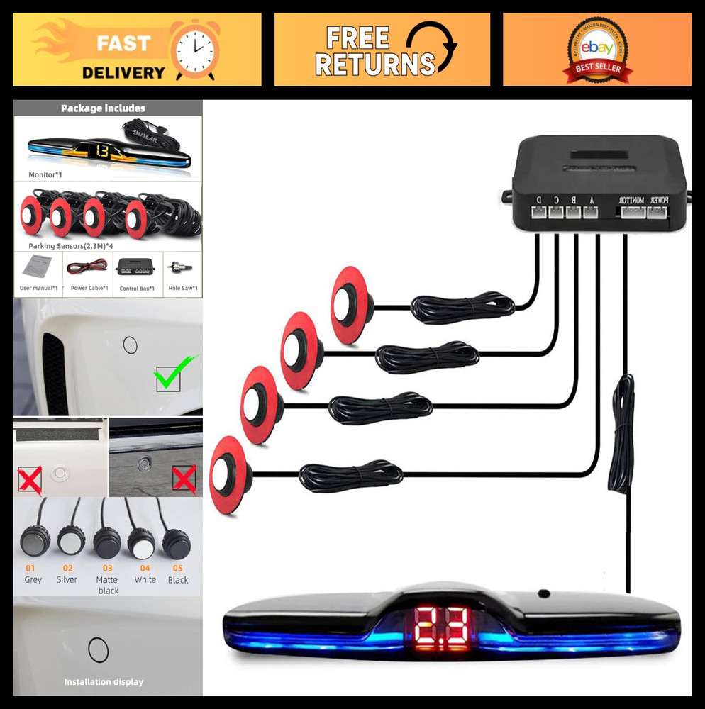 Rear Parking Sensor System with 4 Sensors, LED Display & Warning Buzzer - Backup