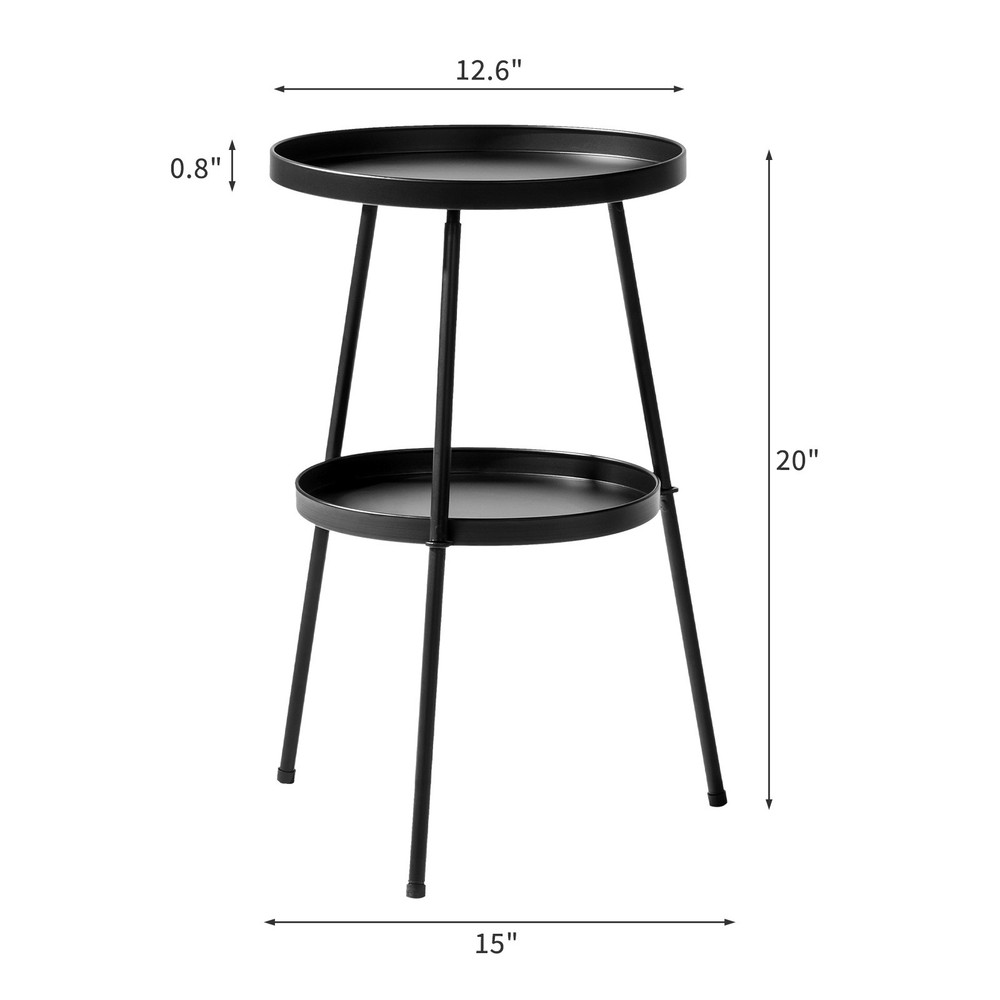 Small Patio Side Table, Round 2-Tier End Table, Metal Round Coffee Table