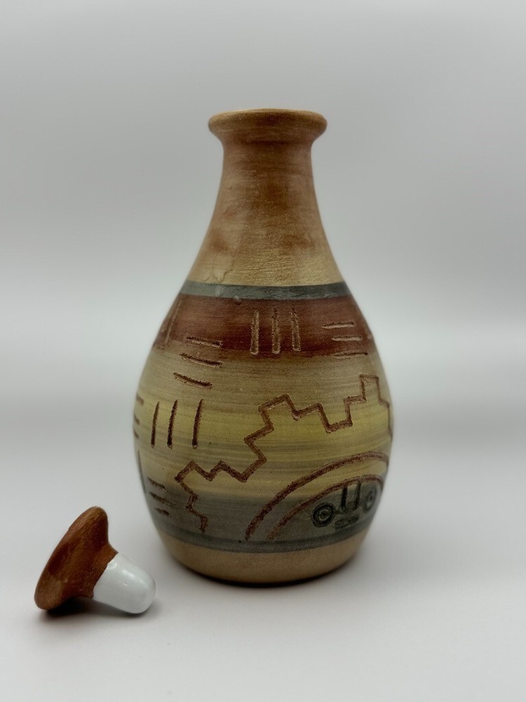 Vintage earthenware Aztec style jar and lid from Peru by renowned pottery studio