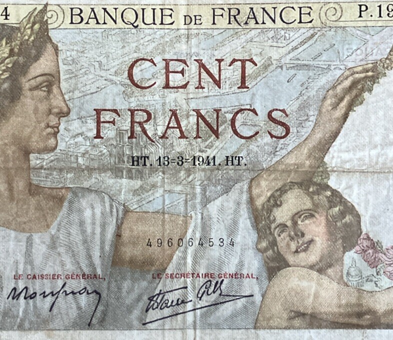 France Banknote. 100 Francs. Dated 1941. Vintage Note.