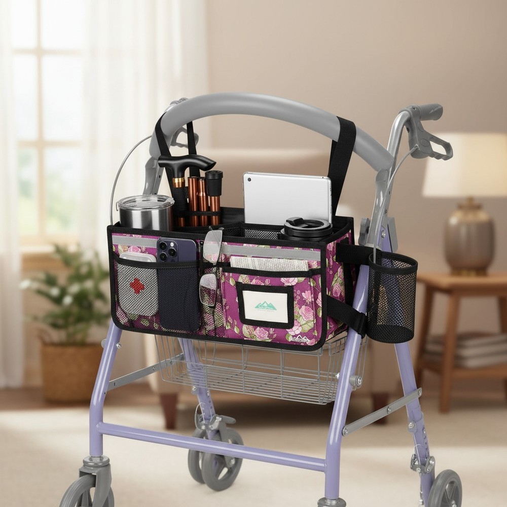 Elegant Rollator Walker Bag with Cup Holder - Waterproof & Spacious Design