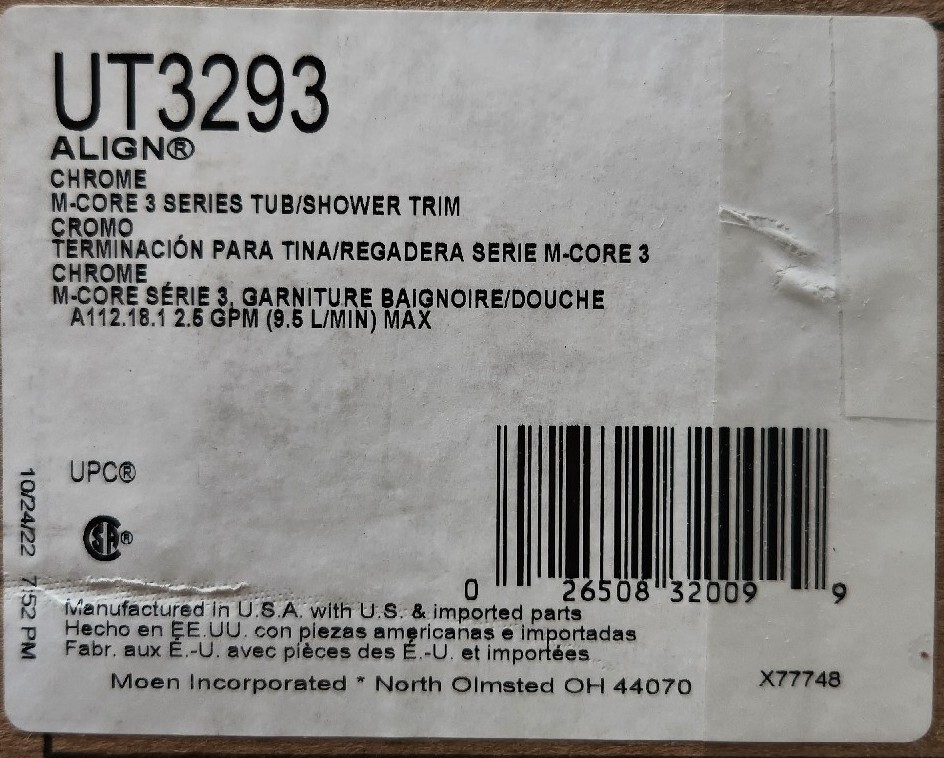 Moen UT3293 Align Single Function Pressure Balanced Valve Trim, Chrome