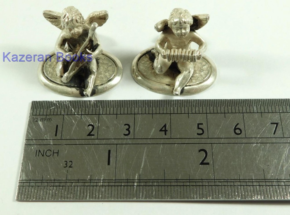 2x Vintage Solid Silver Miniature Cherub Putti Musician Place Menu Holders
