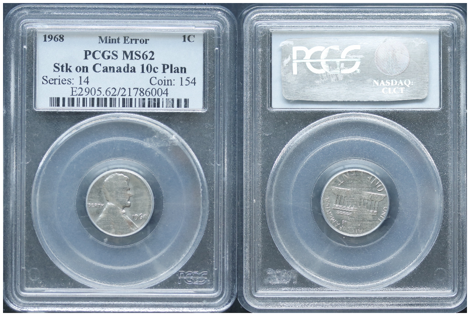 1968 Lincoln Cent Struck on Canada 10 Cents Planchet PCGS MS-62. Mint Error