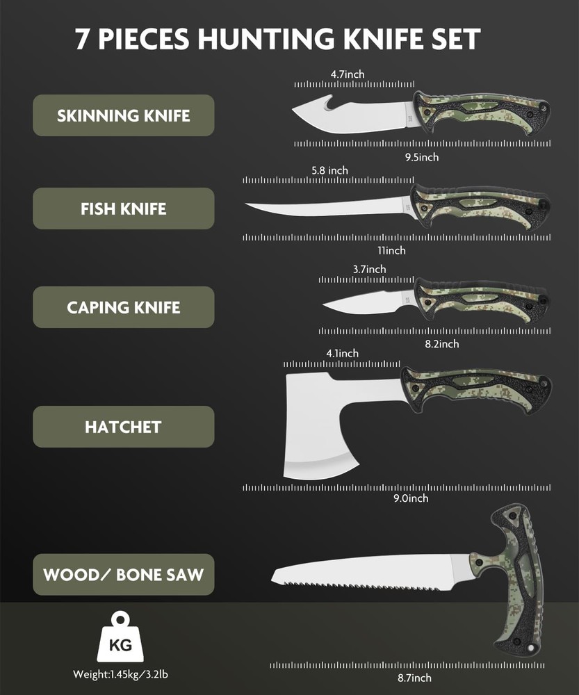 Jellas 7-Pc Hunting Field Processing Set with Axe, Bone Saw, & Sharpener