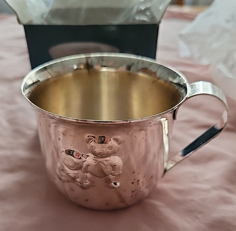 Solid Brass Silver Plated Baby Cup Bears In Original Box