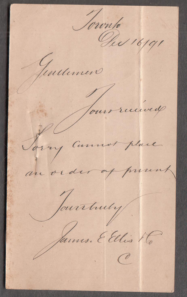 Canada 1891 postal card James E Ellis & Co Toronto/cannot place order at present