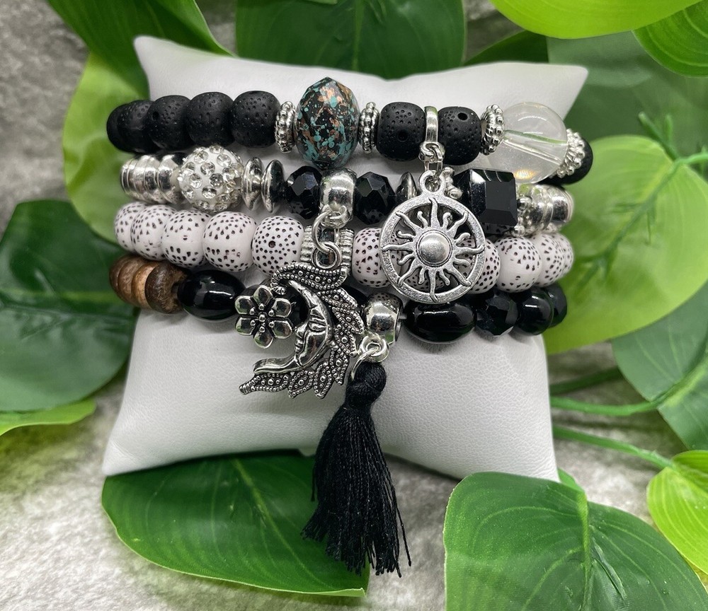 4 PC Handmade Boho Beaded Stackable 7.5” Plus Stretch Bracelet Set New A4912