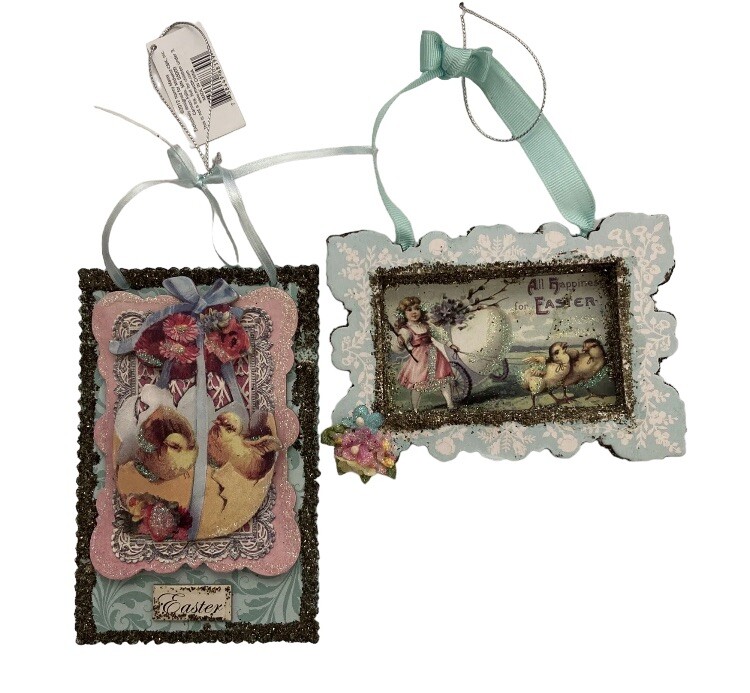 Victorian Whimsey Glittered Shadow Box & Card Easter Decorations Lot of 2