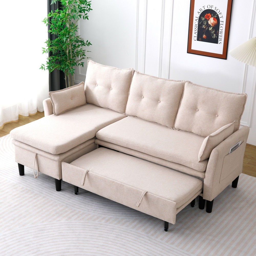 Modern L-Shaped Cotton-Linen Sectional Sleeper Sofa w/ Pull Out Bed & Storage