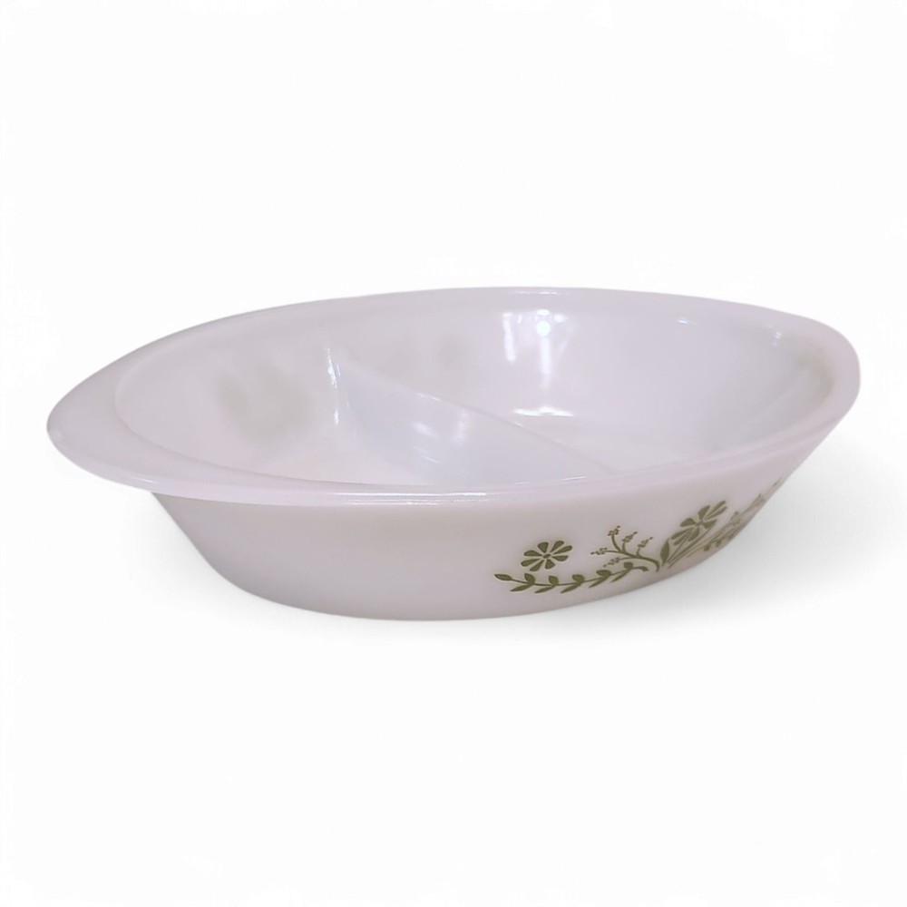 Vintage Glasbake Divided Casserole Serving Dish – White with Green Daisy Pattern